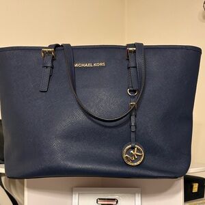 Michael Kors Jet Set Large Dark Blue Tote with Gold Accents